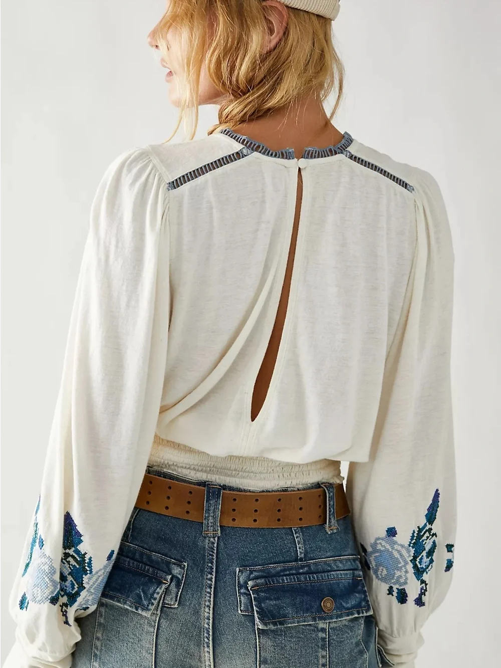 Free People Felicity Embroidered Smocked Boho Top Ivory Blue Size M